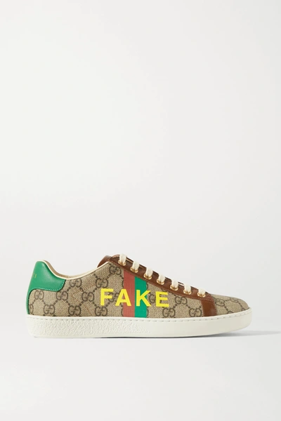 Shop Gucci New Ace Leather-trimmed Printed Coated-canvas Sneakers In Brown