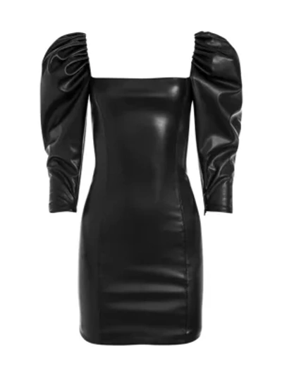 Shop Alice And Olivia Frances Vegan Leather Puff-sleeve Mini Dress In Black
