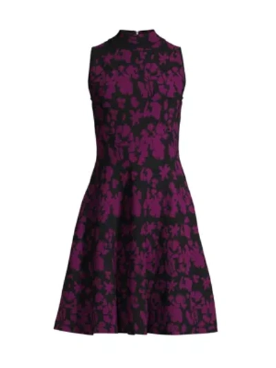 Shop Milly Floral Knit Flare Dress In Black Plum