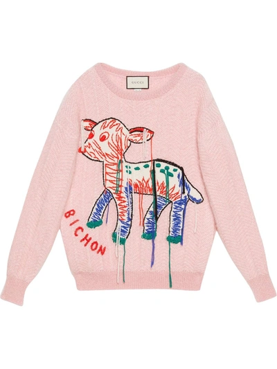 Mohair Jumper With Fawn Intarsia In Light Pink