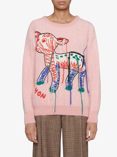 Shop Gucci Fawn Intarsia Knitted Jumper In Pink