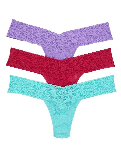 Shop Hanky Panky Signature Lace Low Rise Thong 3-pack In Purple,red,aqua