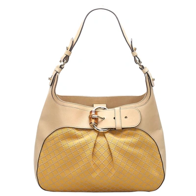 Pre-owned Gucci Brown Diamante Canvas Bamboo Shoulder Bag In Beige