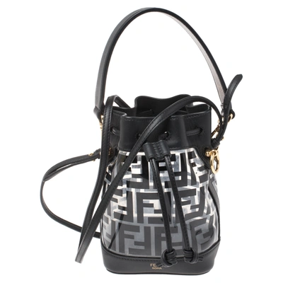 Pre-owned Fendi Black Zucca Pvc And Leather Mini Mon Tresor Drawstring Bucket Bag