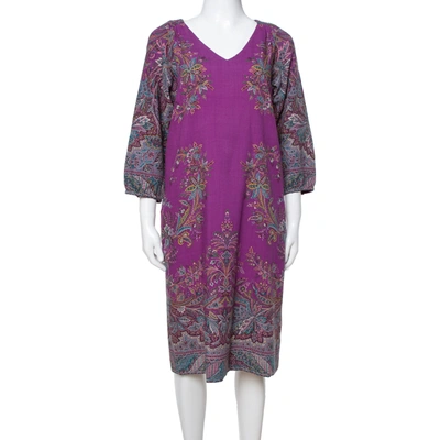 Pre-owned Etro Purple Floral Print Wool Shift Dress M