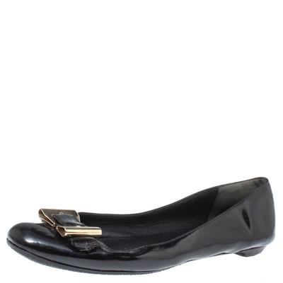 Pre-owned Gucci Black Patent Leather Buckle Bow Flats Size 37