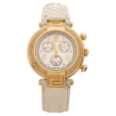 Pre-owned Versace White Mother Of Pearl Gold Plated Steel Diamond Python Leather Reve 68c Women's Wristwatch 40 Mm