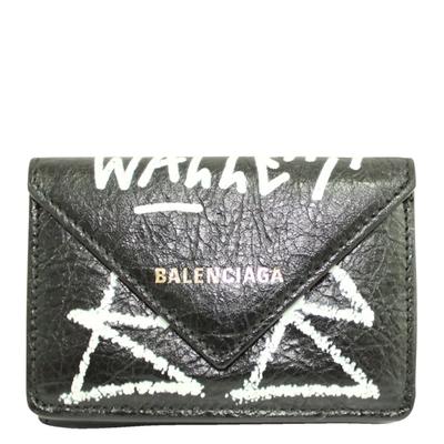 Pre-owned Balenciaga Black Leather Papier Mini Graffiti Wallet