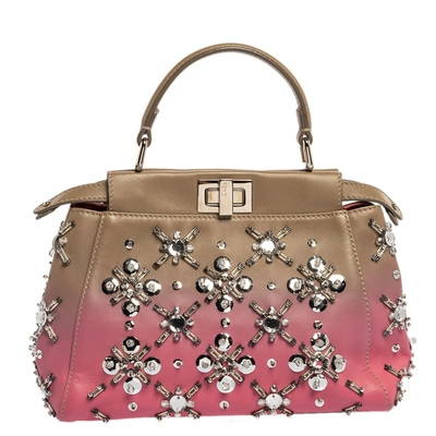 Pre-owned Fendi Pink/beige Ombre Leather Mini Peekaboo Crystal Embellished Top Handle Bag