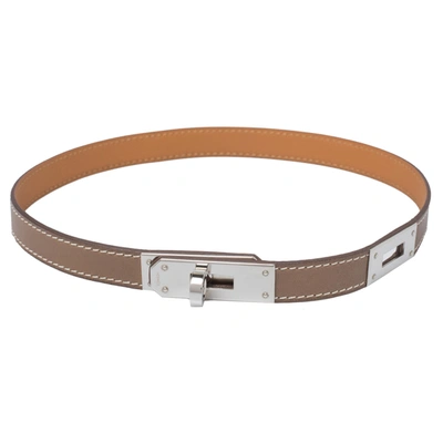 Pre-owned Hermes Kelly Leather Palladium Plated Choker Necklace In Brown