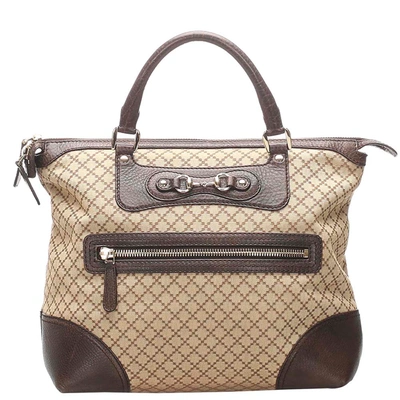 Pre-owned Gucci Brown Diamante Horsebit Catherine Tote Bag In Beige