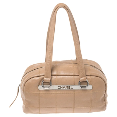 Pre-owned Chanel Nude Beige Square Quilted Caviar Leather Lax Bowler Bag