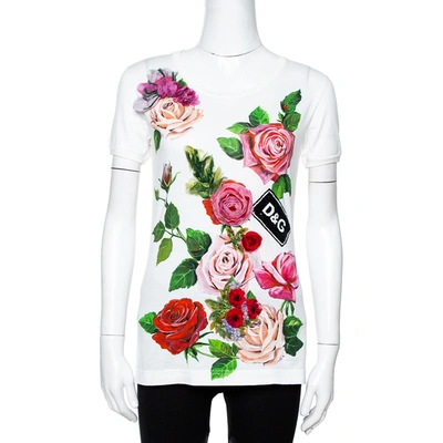 Pre-owned Dolce & Gabbana White Printed Cotton Floral Appliqued T-shirt S