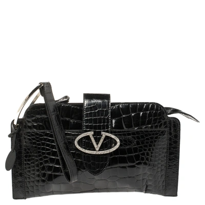 Pre-owned Valentino Garavani Black Croc Embossed Patent Leather Crystal Embellished Wristlet Clutch
