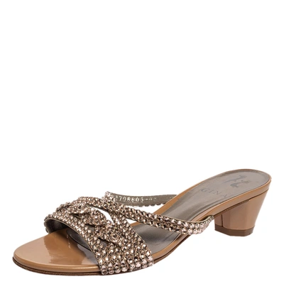Pre-owned Gina Beige Crystal Embellished Leather Slide Sandals Size 37.5