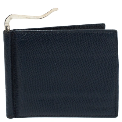Pre-owned Prada Navy Blue Saffiano Lux Leather Money Clip Bi-fold Wallet
