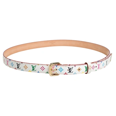 Pre-owned Louis Vuitton White Multicolor Monogram Canvas Skinny Belt 90 Cm