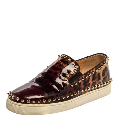 Pre-owned Christian Louboutin Leopard Print Patent Leather Pik Boat Studded Slip On Loafers Size 37 In Multicolor