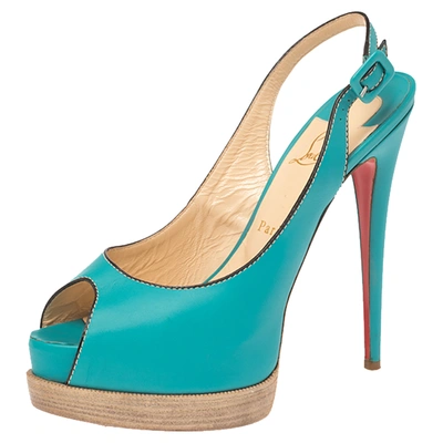 Pre-owned Christian Louboutin Turqouise Leather Peep Toe Platform Slingback Sandals Size 40 In Green