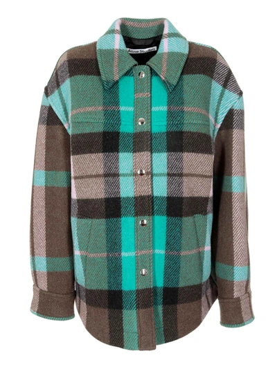 Shop Acne Studios Checked Overshirt In Turquoise And Brown