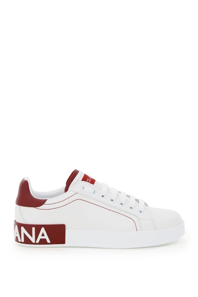 Shop Dolce & Gabbana Portofino Leather Sneakers In Bianco Rosso