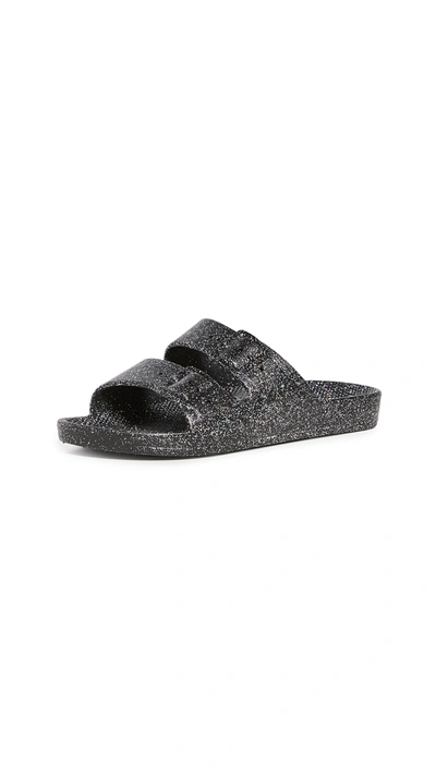 Shop Freedom Moses Moses Two Band Slides In Black Glitter