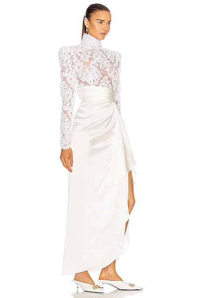 Shop Alessandra Rich Silk Satin High Neck Embroidered Gown In White