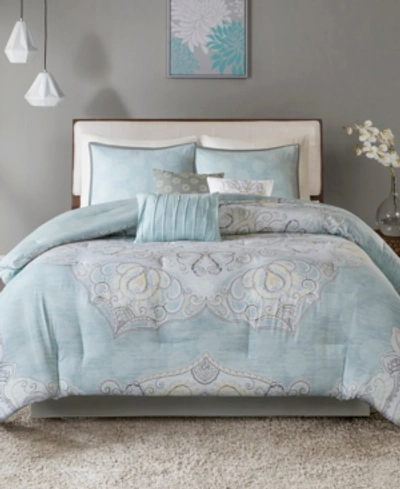 Shop Madison Park Closeout!  Lucinda Reversible Cotton 7-pc. Comforter Set, Queen In Blue