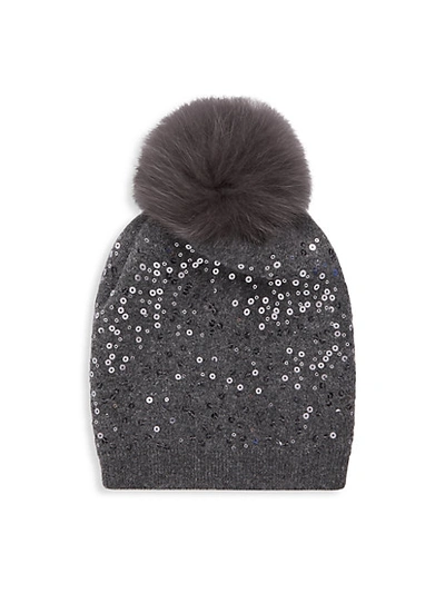 Shop Adrienne Landau Fox Fur-trim & Sequin Knit Beanie In Grey