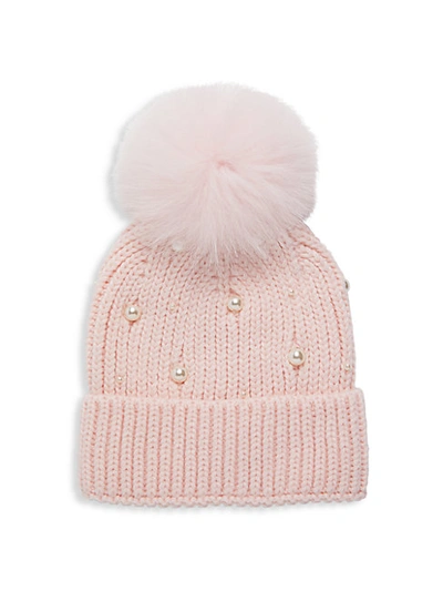 Shop Adrienne Landau Fox Fur-trim & Faux Pearl-embellished Knit Beanie In Light Pink