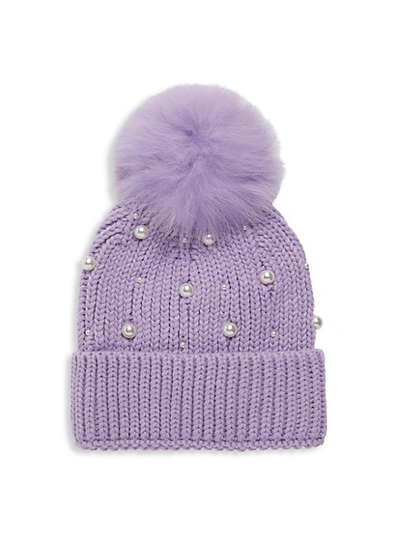 Shop Adrienne Landau Fox Fur-trim & Faux Pearl Embellished Knit Beanie In Purple