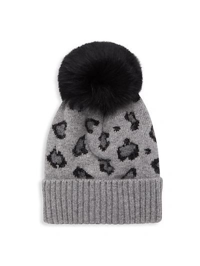 Shop Adrienne Landau Fox Fur-trim Leopard-print Knit Beanie In Grey