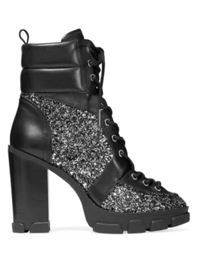 Shop Michael Michael Kors Ridley Lug-sole Glitter Combat Boots In Black Silver