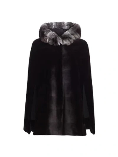 Shop The Fur Salon Zac Posen For  Chinchilla Fur-trimmed Hooded Reversible Mink Fur Cape In Black Natural