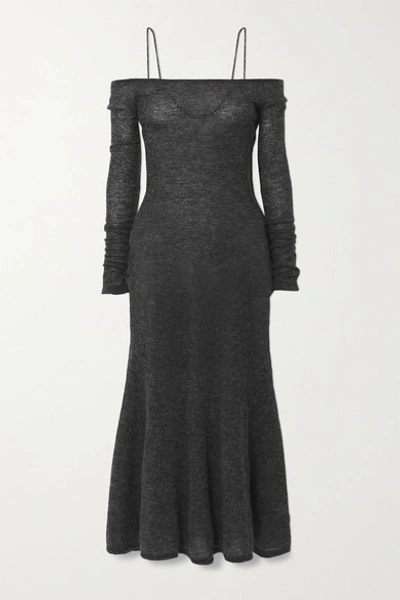 Shop Jacquemus Maille Lauris Cold-shoulder Embroidered Mohair-blend Midi Dress In Dark Gray
