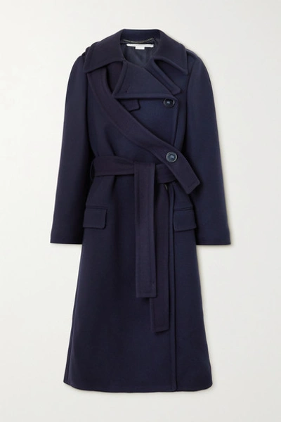 Shop Stella Mccartney Belted Double-breasted Wool Coat In Navy