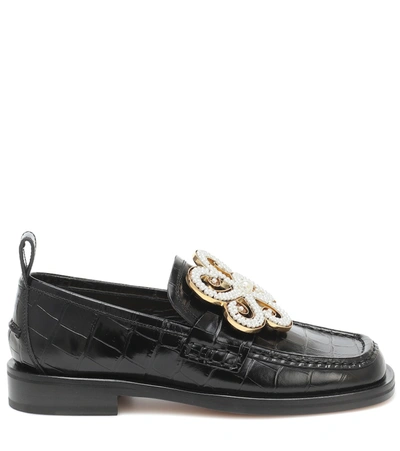 Shop Loewe Embellished Croc-effect Loafers In Black