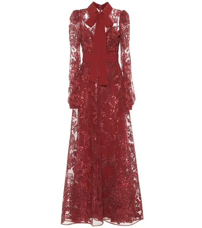 Shop Elie Saab Embroidered Long-sleeved Gown In Red