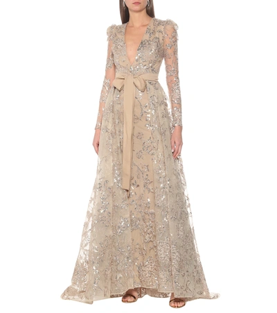 Shop Elie Saab Embroidered Long-sleeved Gown In Beige