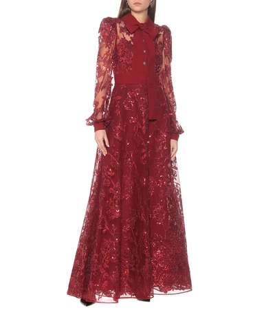 Shop Elie Saab Embroidered Long-sleeved Gown In Red