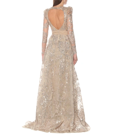 Shop Elie Saab Embroidered Long-sleeved Gown In Beige