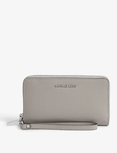 Shop Michael Michael Kors Jet Set Leather Phone Wallet In Pearl Grey