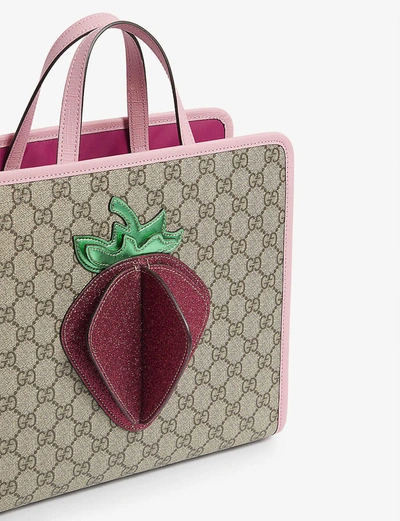 Shop Gucci Kids Strawberry Logo-print Canvas Tote Bag In Beige