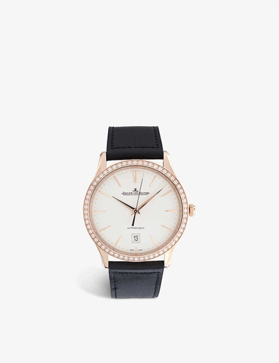Shop Jaeger-lecoultre Q1232501 Master Ultra Thin Rose-gold, 0.85ct Diamond And Calfskin-leather Watch In Eggshell Beige