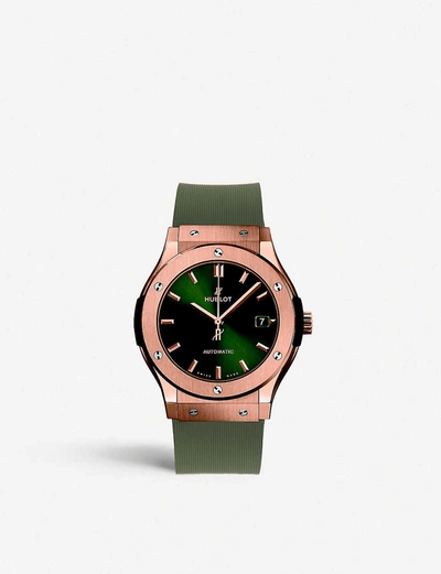 Shop Hublot Womens Green 521.ox.8980.lr Classic Fusion Chronograph 18ct Rose Gold And Rubber Watch