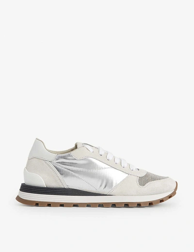 Shop Brunello Cucinelli Metallic Mesh And Suede Mid-top Trainers In White