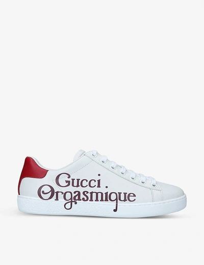 Shop Gucci Women's New Ace Orgasmique-print Leather Trainers In White/red