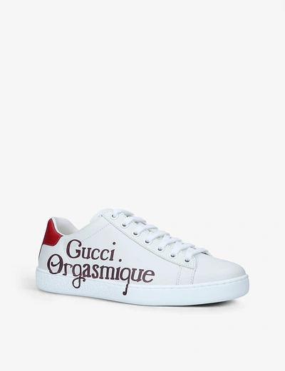 Shop Gucci Women's New Ace Orgasmique-print Leather Trainers In White/red