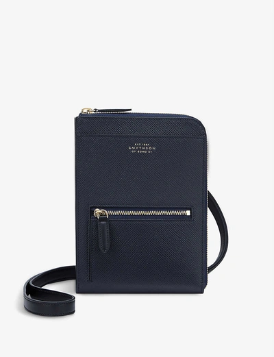 Shop Smythson Panama Cross-body Leather Travel Wallet In Navy