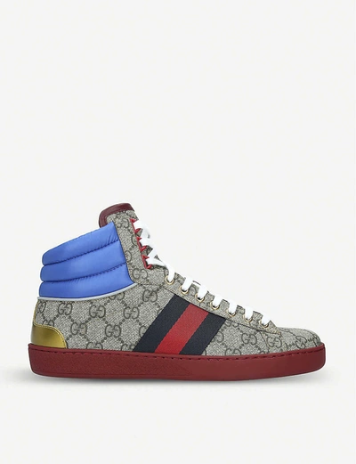 Shop Gucci New Ace Leather And Canvas High-top Trainers